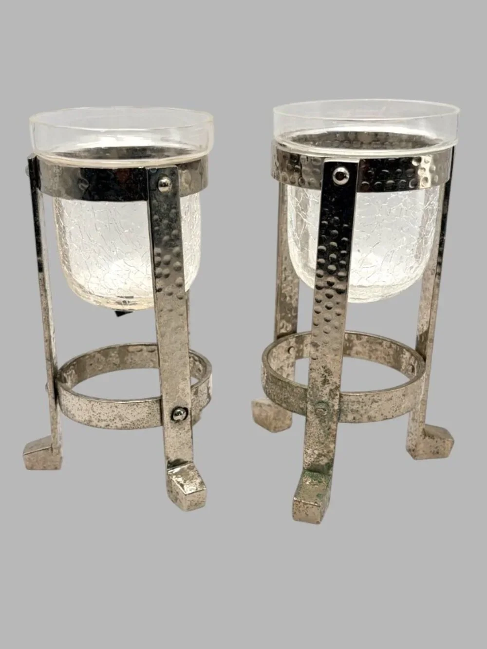 Vintage Pair Crackle Glass Votive Candle Holders Silver Metal Tripods India 6 In